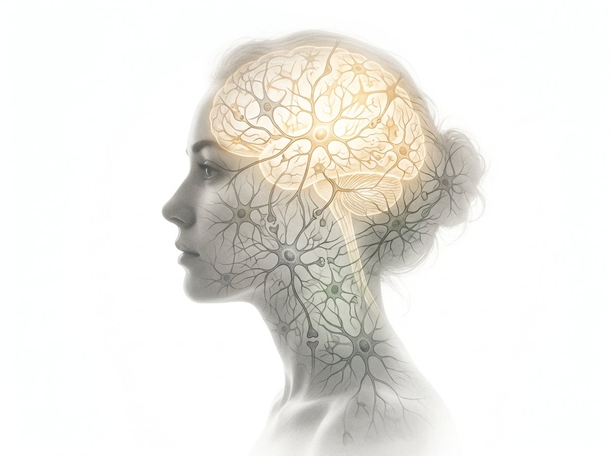 Perfil de una mujer cuya red neuronal se llena gradualmente de luz dorada, símbolo de la recuperación del burnout